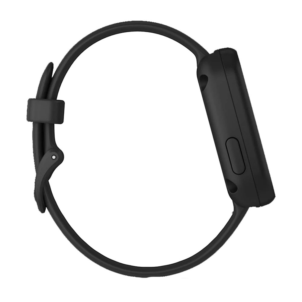 Black smartwatch with silicone strap, side view showing button and clasp