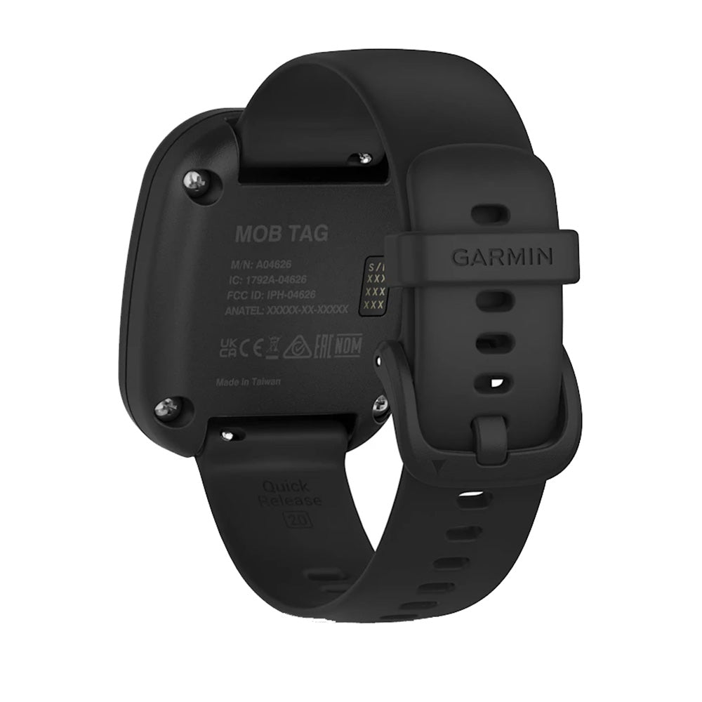 Garmin MOB Tag wearable safety device with quick-release strap, black silicone band, model A04626