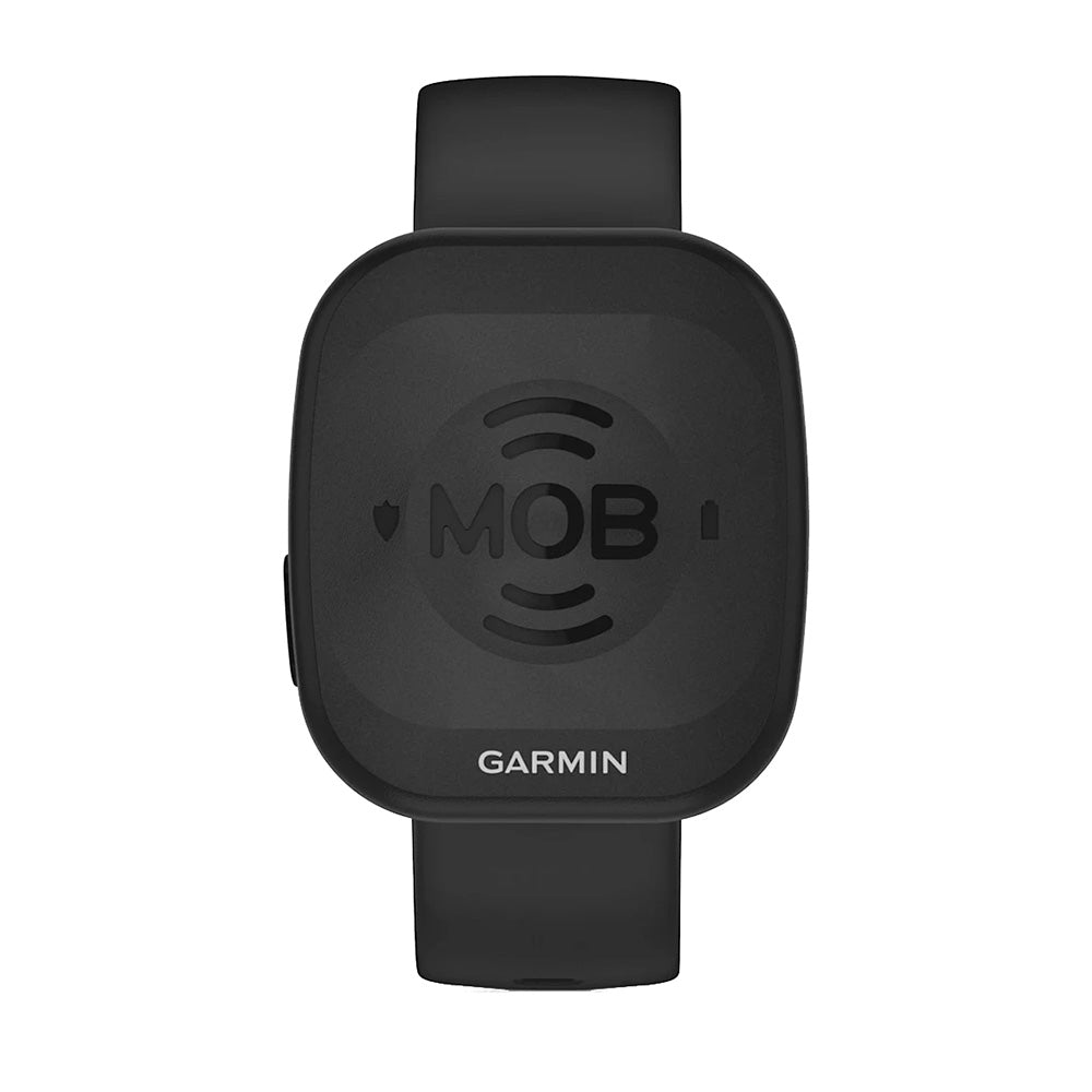 Garmin MOB device with wireless signal icon, black waterproof marine safety tracker