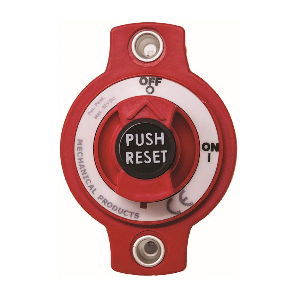 Red push reset circuit breaker with ON/OFF switch for automotive or marine electrical systems