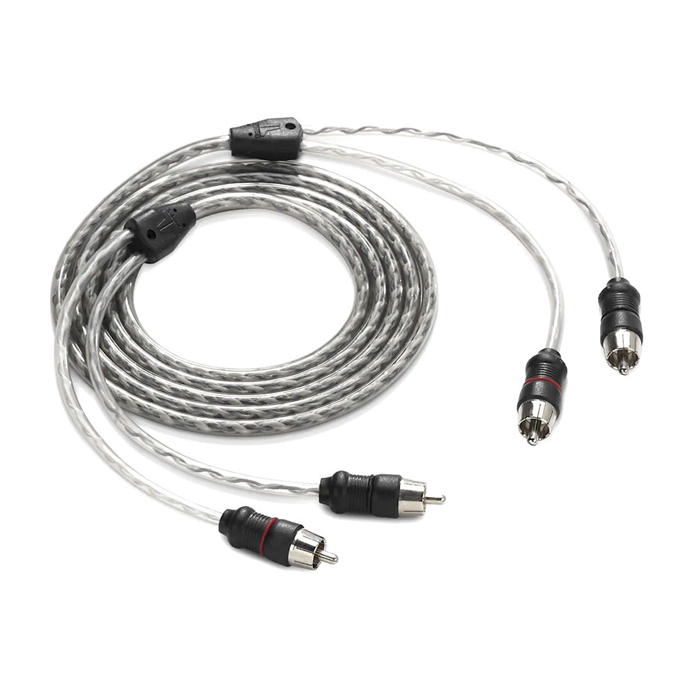 High-quality RCA audio cable with braided silver shielding and gold-plated connectors for car stereo systems