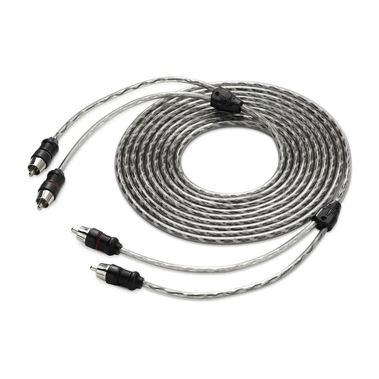 High-quality RCA audio cable with twisted silver shielding for car stereo or home audio systems