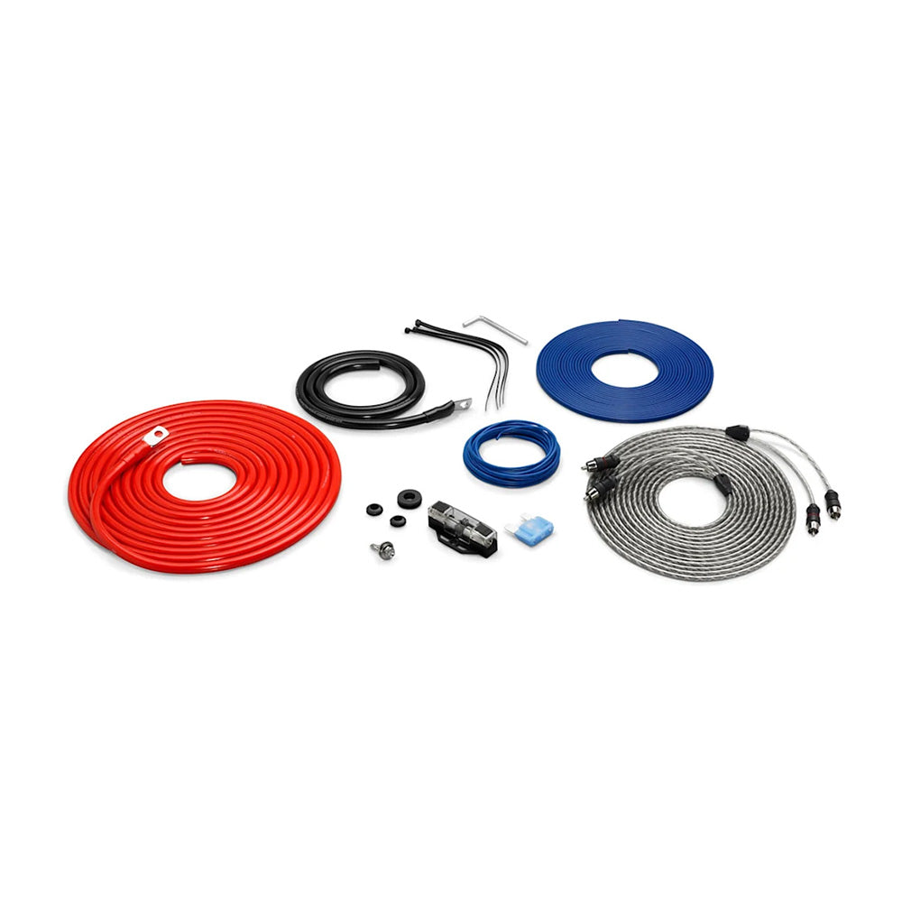 Car audio wiring kit with red, black, blue, and silver cables, connectors, and fuse holder for JL Audio or Alpine installs