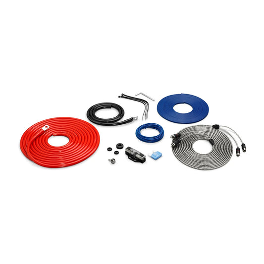 Car audio wiring kit with red, black, blue, and silver cables, connectors, and fuse holder for JL Audio or Alpine installs