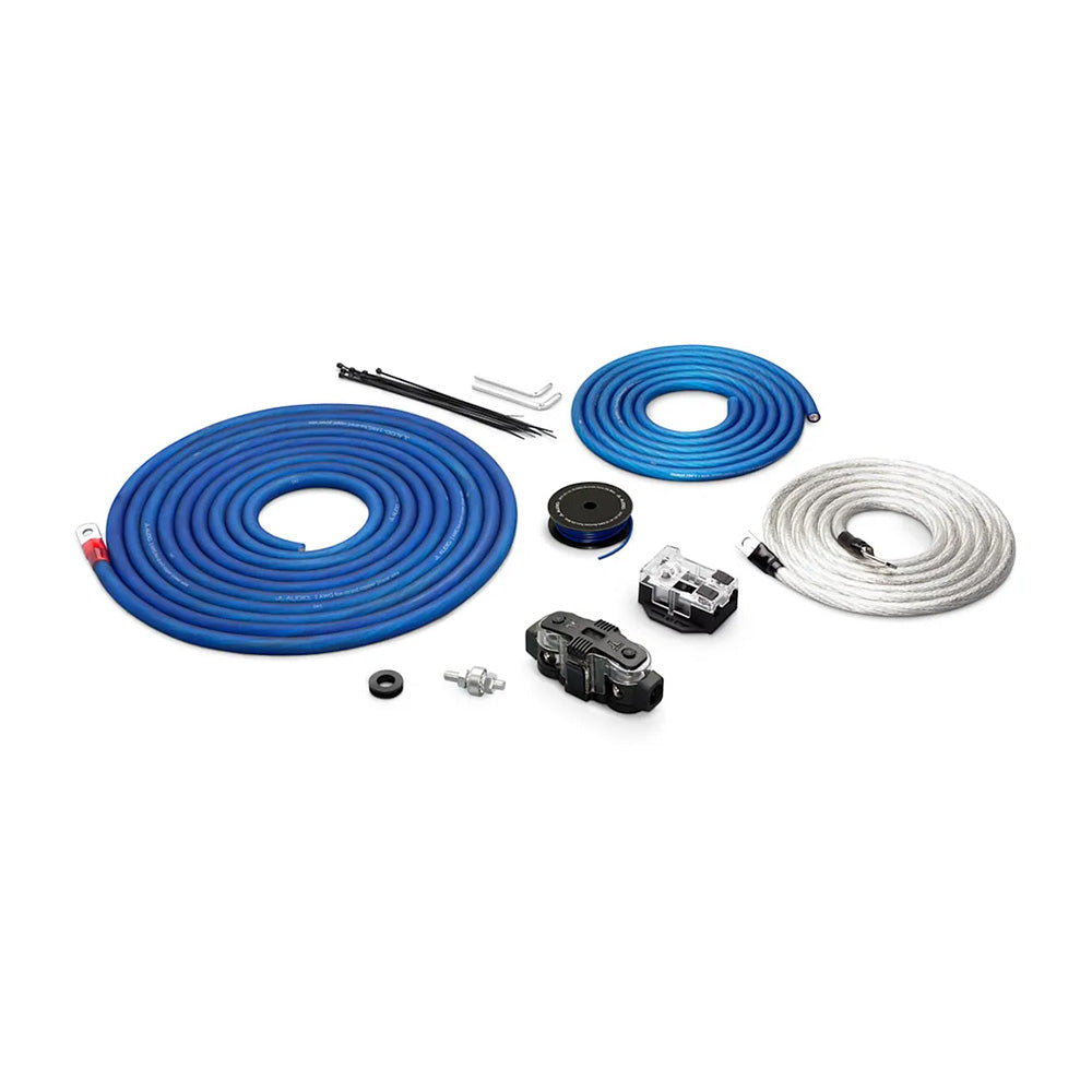 Blue and silver car audio wiring kit with fuses, connectors, and cables for Alpine JL Audio installations
