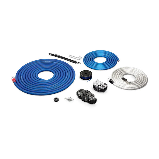 Blue and silver car audio wiring kit with fuses, connectors, and cables for Alpine JL Audio installations