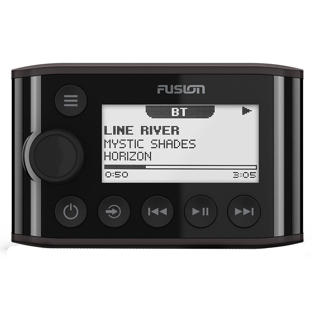 Fusion marine stereo with Bluetooth, displaying track info and playback controls for boating audio systems