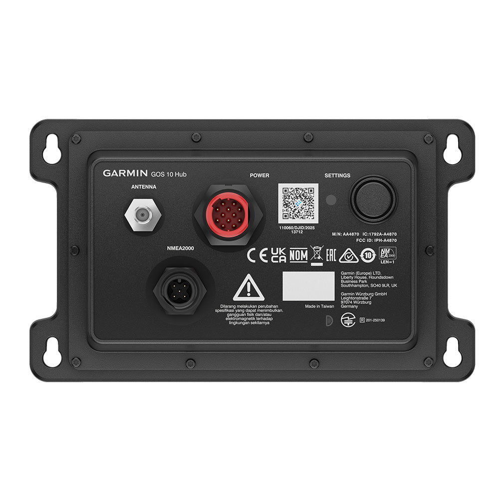 Garmin GOS 10 Hub marine networking device with antenna, power, and NMEA2000 ports for boat electronics integration