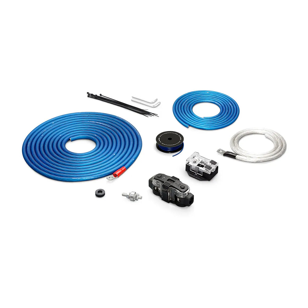Blue and clear car audio wiring kit with fuses, connectors, and cables for JL Audio or Alpine installations