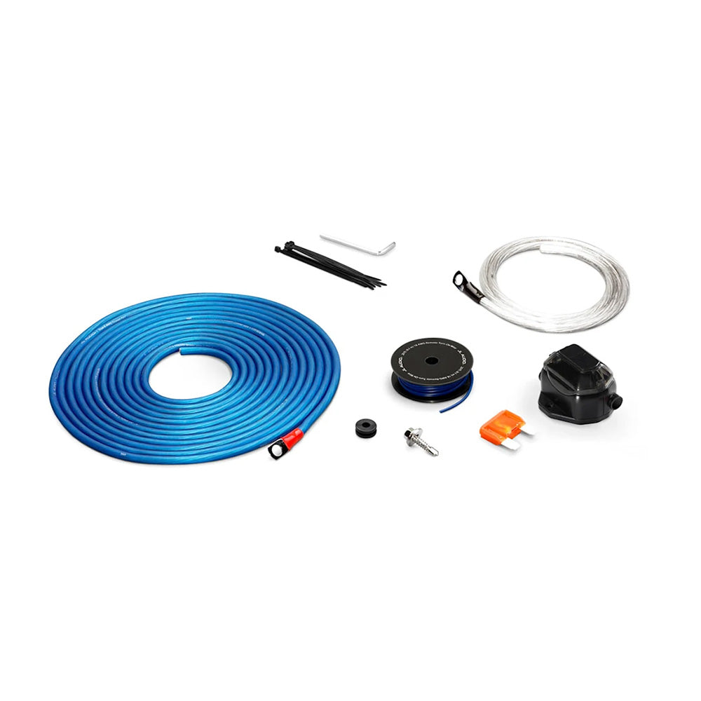 Blue and clear car audio wiring kit with connectors, fuses, and installation tools for Alpine or JL Audio systems