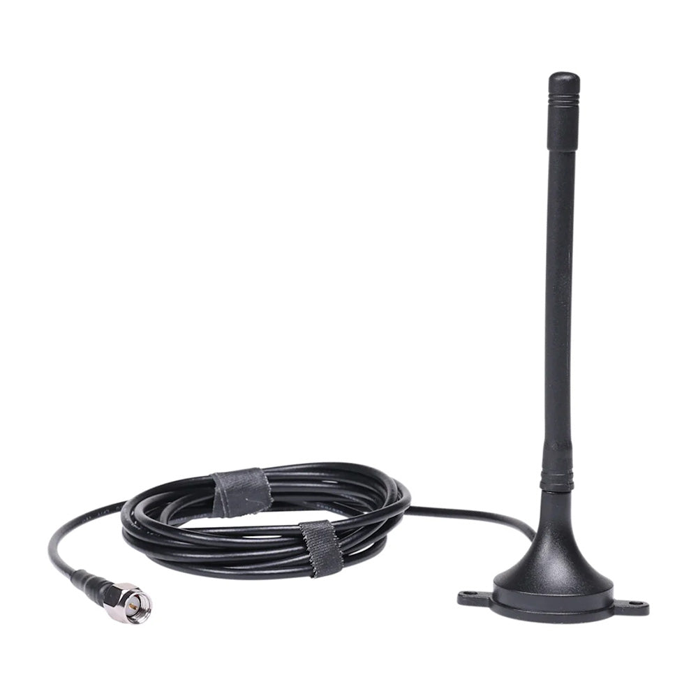 Black car radio antenna with coiled cable and SMA connector for auto audio installation