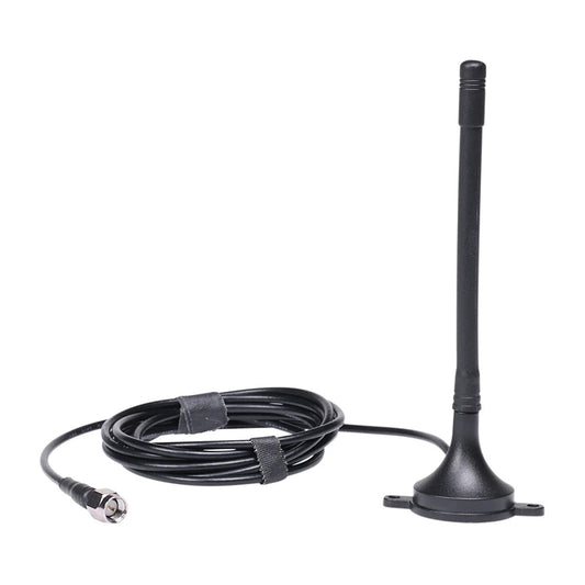 Black car radio antenna with coiled cable and SMA connector for auto audio installation
