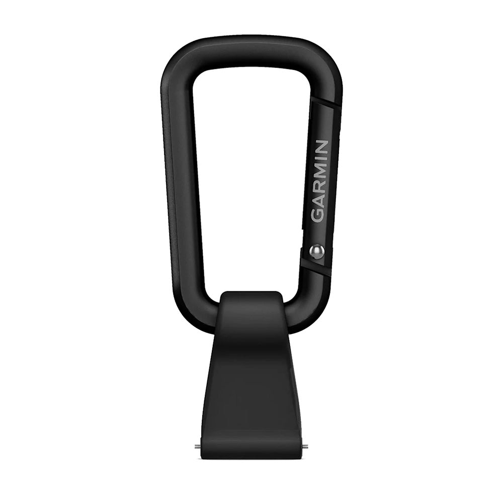 Black Garmin carabiner clip with secure latch, ideal for outdoor gear and accessories