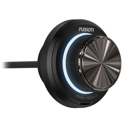 Fusion marine audio volume knob with LED ring, sleek black design for boat stereo systems
