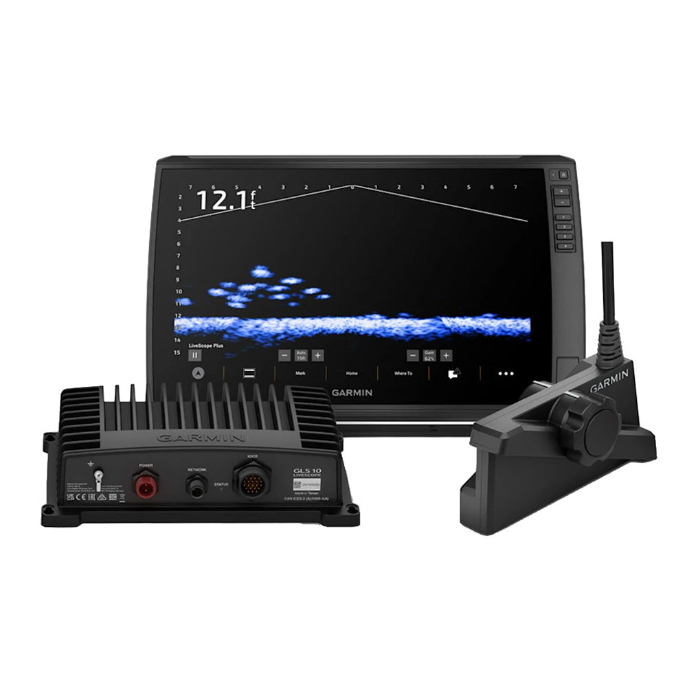 Garmin fish finder with LiveScope Plus display, GLS 10 transducer, and control unit for marine navigation