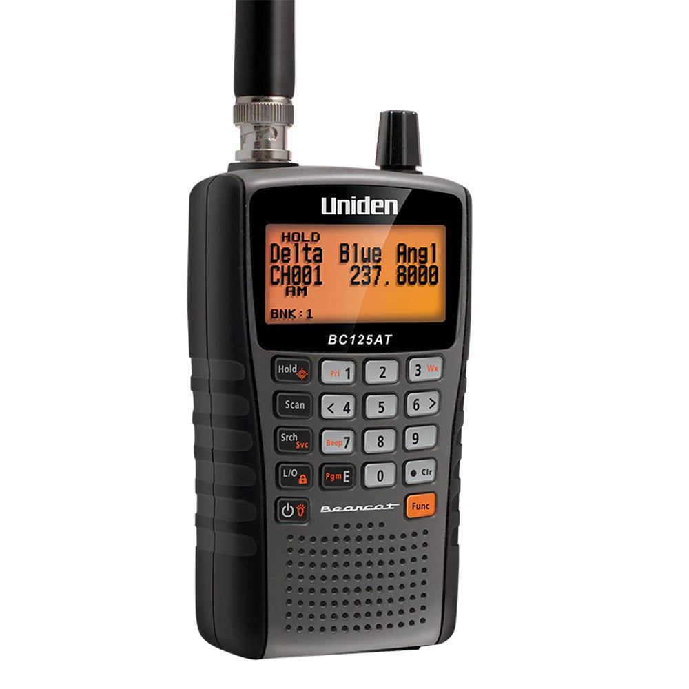 Uniden BC125AT Bearcat handheld scanner with orange display and antenna, showing channel and frequency details.