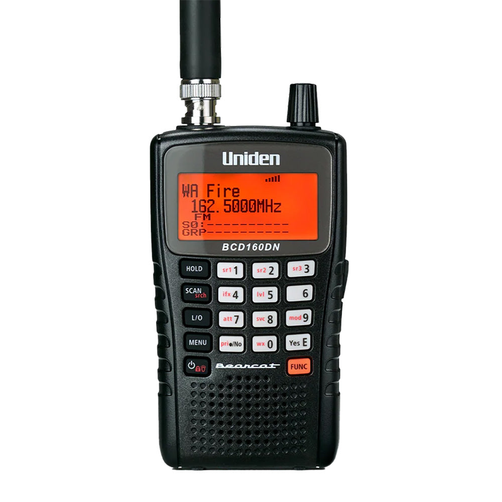 Uniden BCD160DN Bearcat handheld scanner displaying WA Fire frequency on orange screen