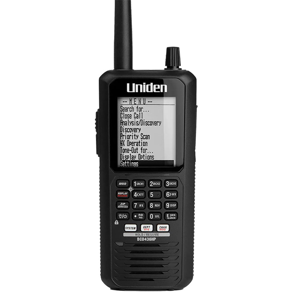 Uniden BCD436HP handheld scanner with menu display, priority scan, and weather alert features