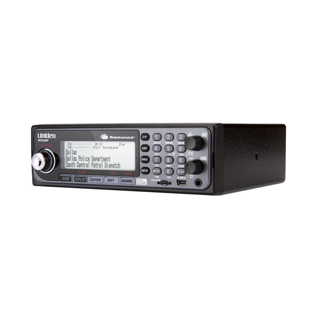 Uniden Bearcat police scanner with digital display showing Dallas PD dispatch, ideal for auto or home monitoring.