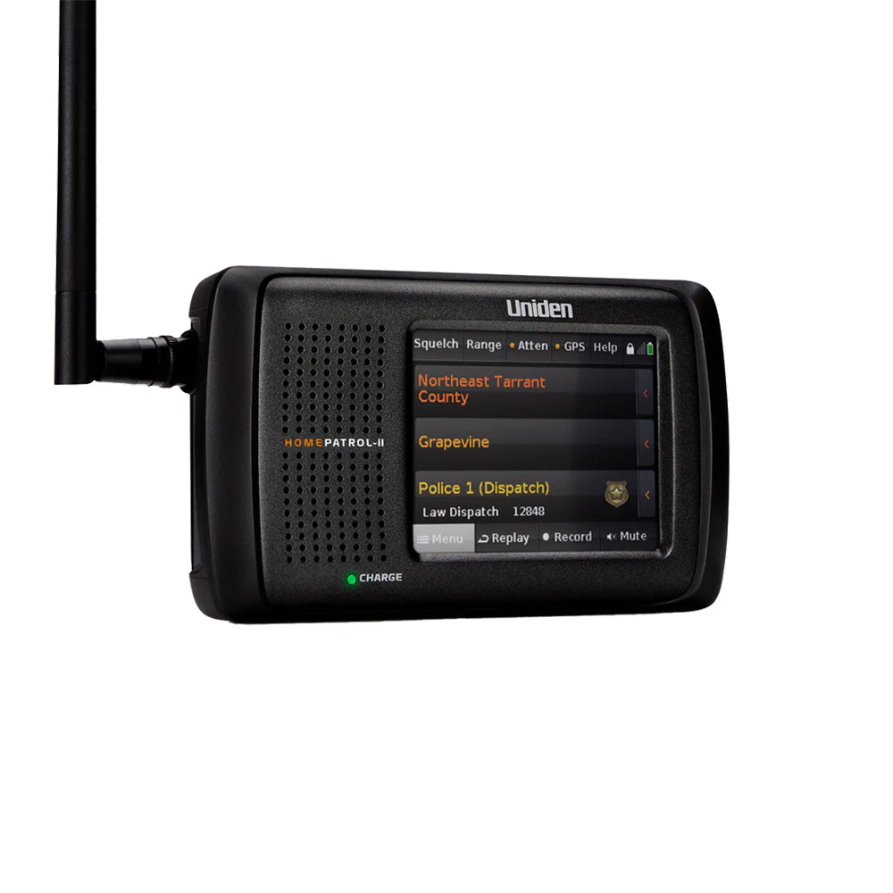 Uniden HomePatrol-II police scanner with antenna, displaying live dispatch channels and GPS info
