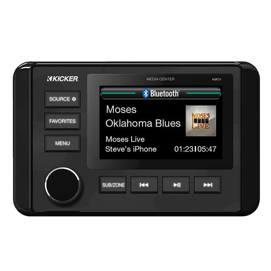 Kicker KMC4 marine media center with Bluetooth, playing music from iPhone, featuring source and menu buttons.