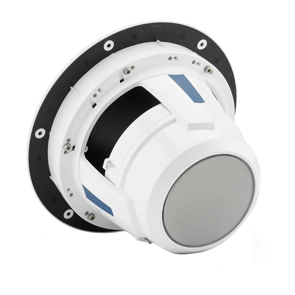 White marine speaker with blue accents, designed for boat audio systems and outdoor use.