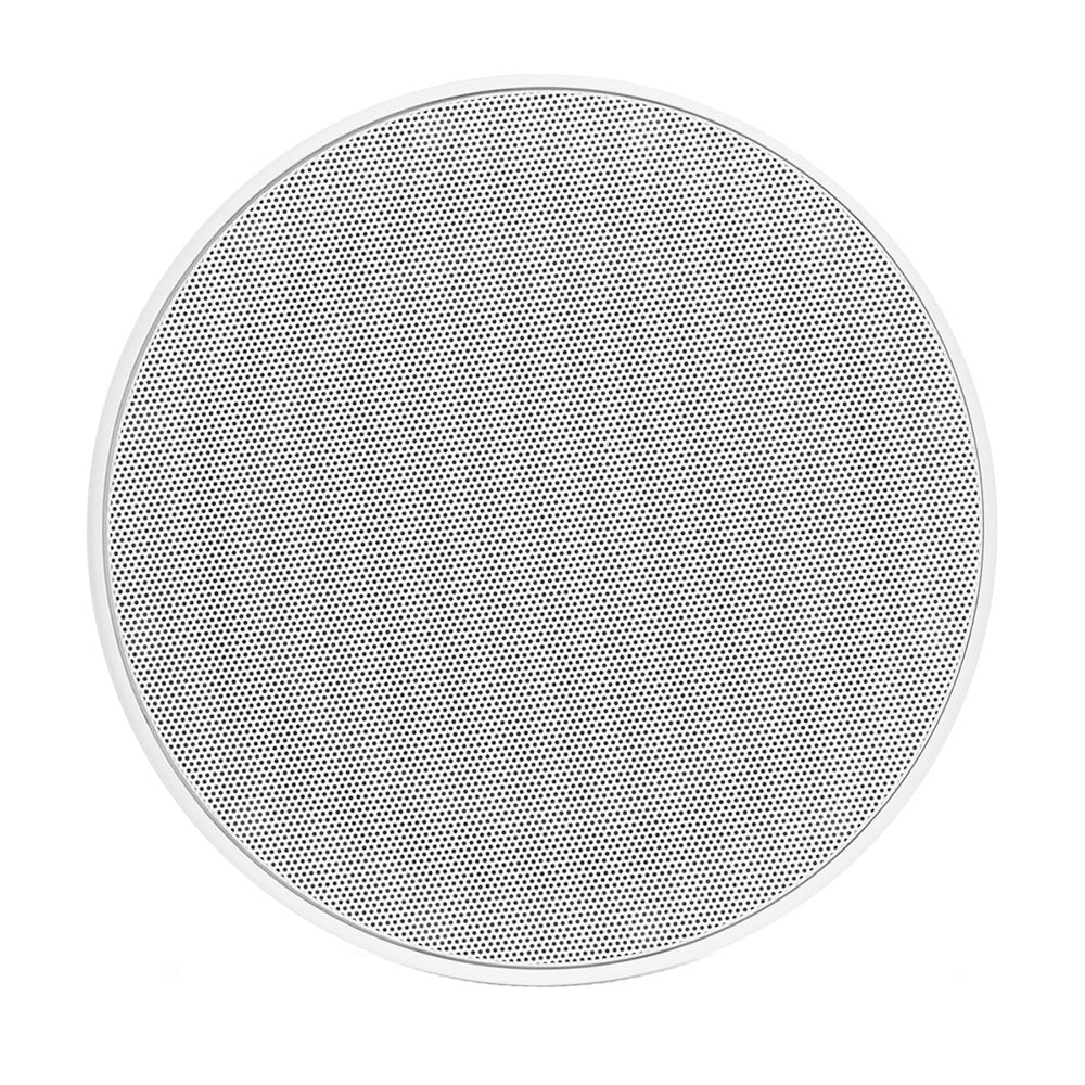White circular ceiling speaker with perforated grille for home or car audio installation