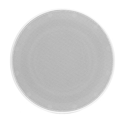 White circular ceiling speaker with perforated grille for home or car audio installation