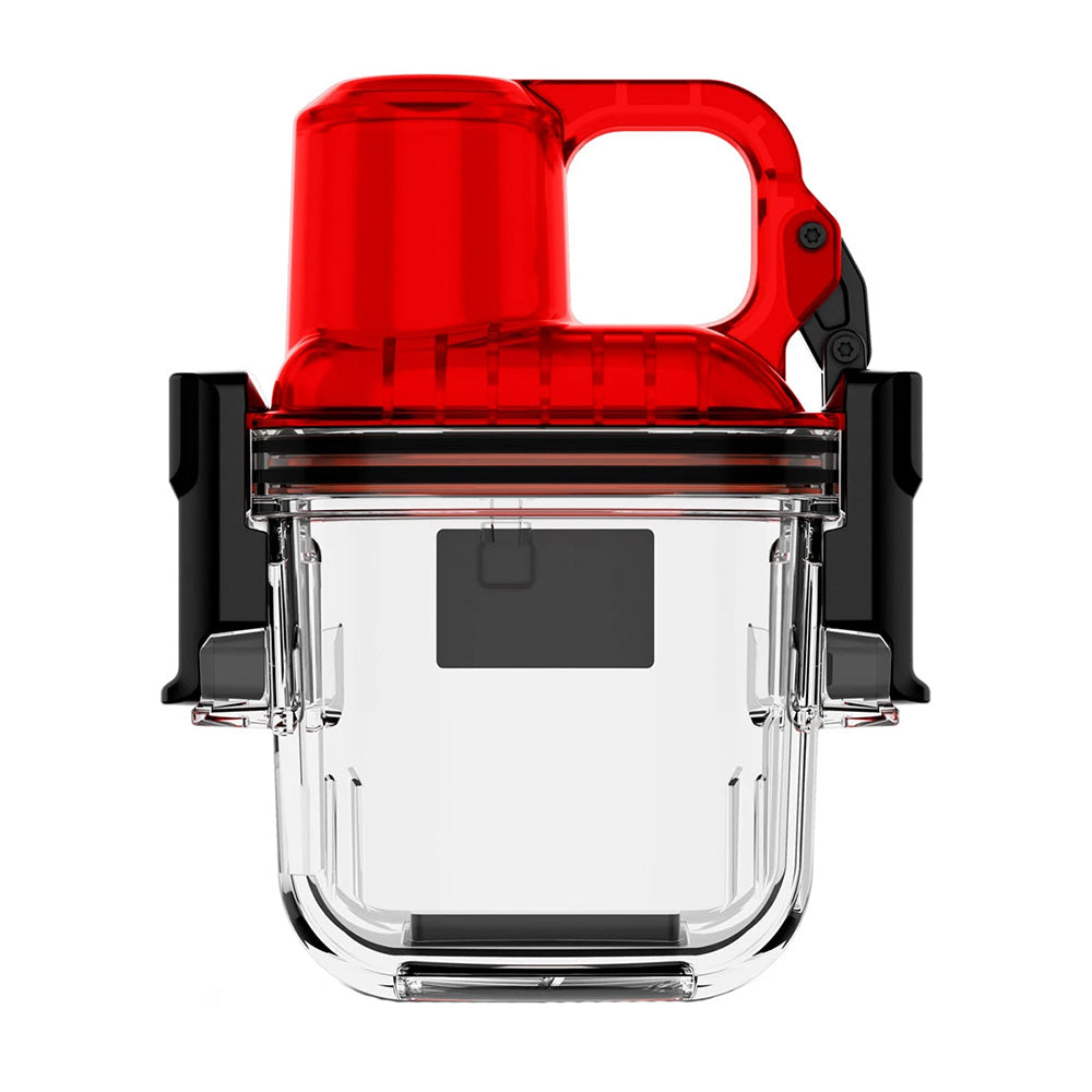 Red and clear portable vacuum with transparent dustbin and black accents