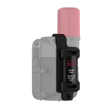 Black SOS emergency button with pink cap, labeled 'Activate SOS' for quick alert activation
