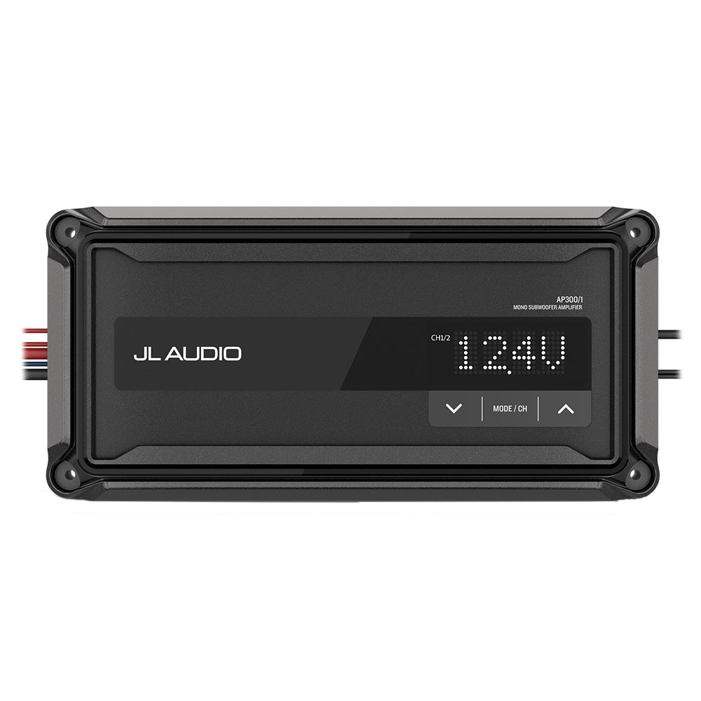 JL Audio AP300/1 mono subwoofer amplifier with digital display showing 12.4V, ideal for car audio systems