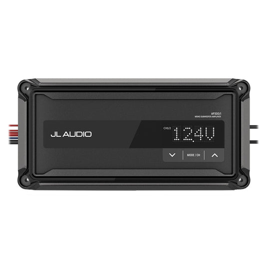 JL Audio AP300/1 mono subwoofer amplifier with digital display showing 12.4V, ideal for car audio systems