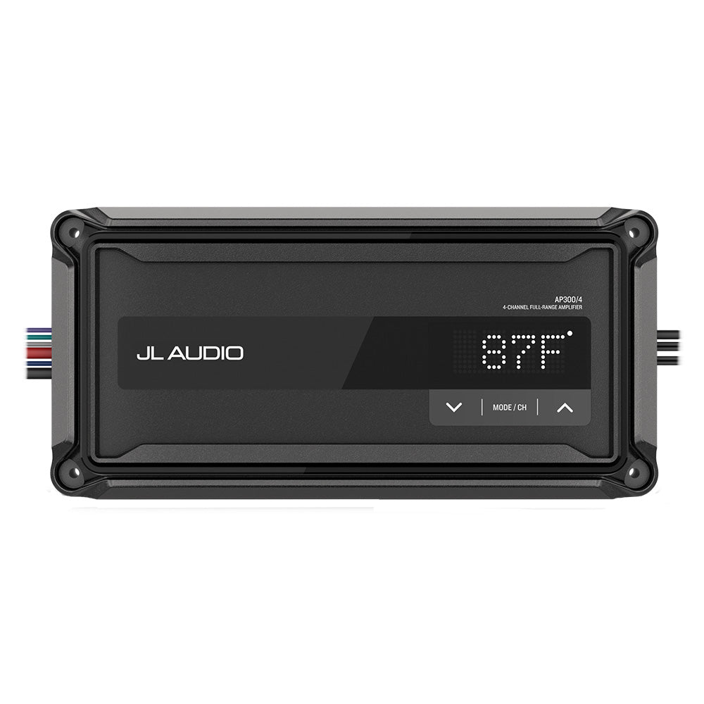 JL Audio AP300/4 4-channel full-range amplifier with digital display showing 87F temperature