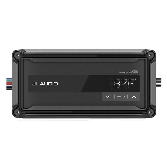 JL Audio AP300/4 4-channel full-range amplifier with digital display showing 87F temperature