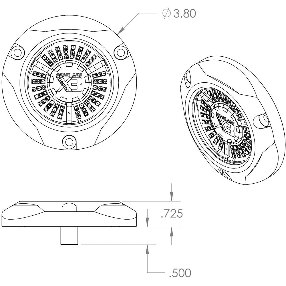 Seablaze X3 marine LED light technical diagram with dimensions for auto and boat installation