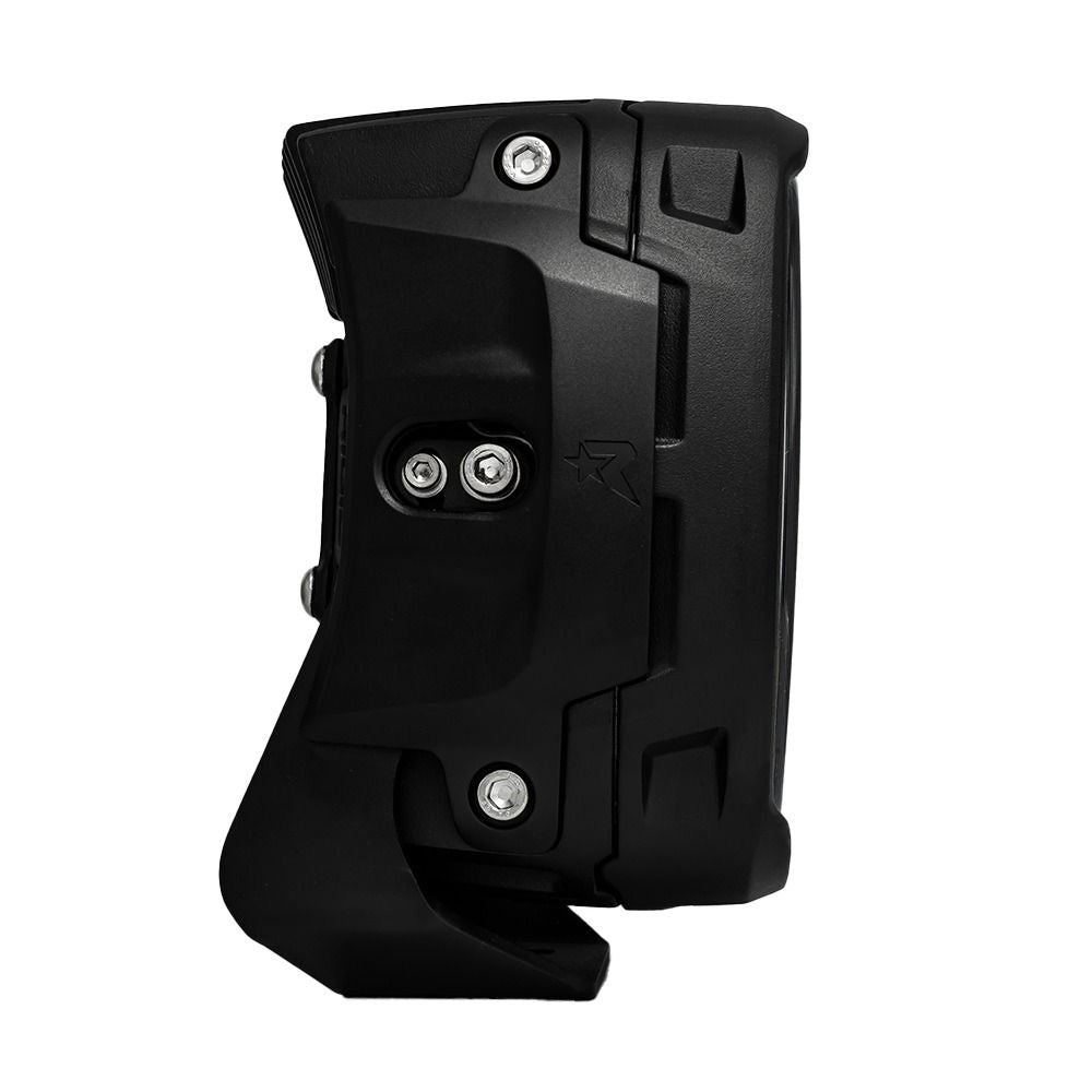 Black rugged vehicle mount with silver screws and star logo, designed for secure auto installation