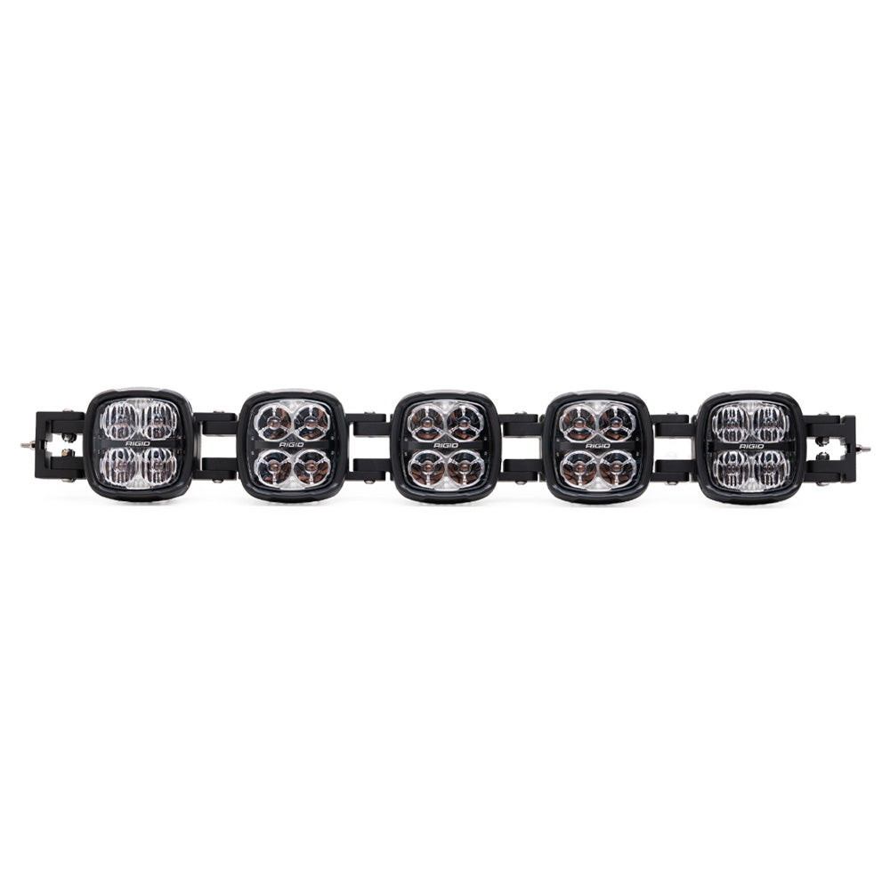 Rigid Industries LED light bar for off-road vehicle lighting, featuring five square pods with clear lenses and black housing.