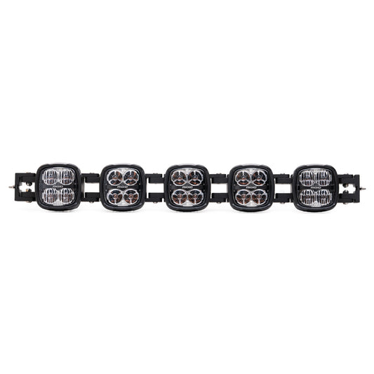 Rigid Industries LED light bar for off-road vehicle lighting, featuring five square pods with clear lenses and black housing.