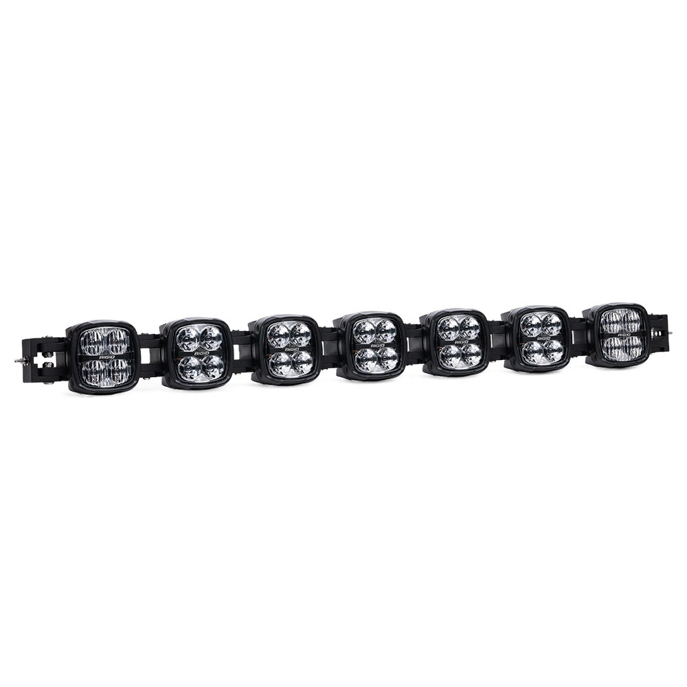 Black LED light bar with seven square pods for off-road vehicle lighting
