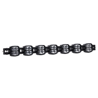 Black LED light bar with seven square pods for off-road vehicle lighting