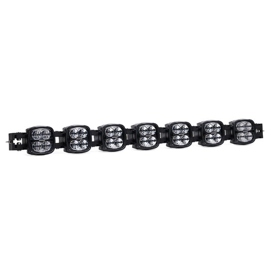 Black LED light bar with seven square pods for off-road vehicle lighting