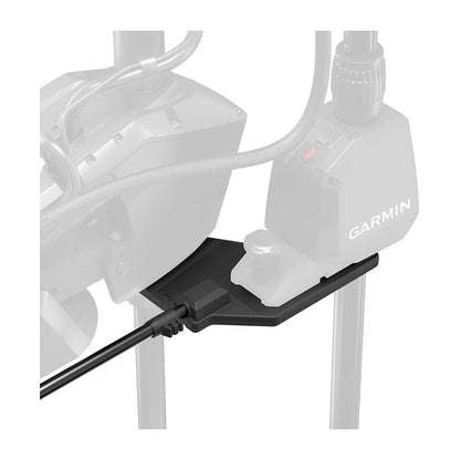Garmin marine device mounted on black bracket with cable connection