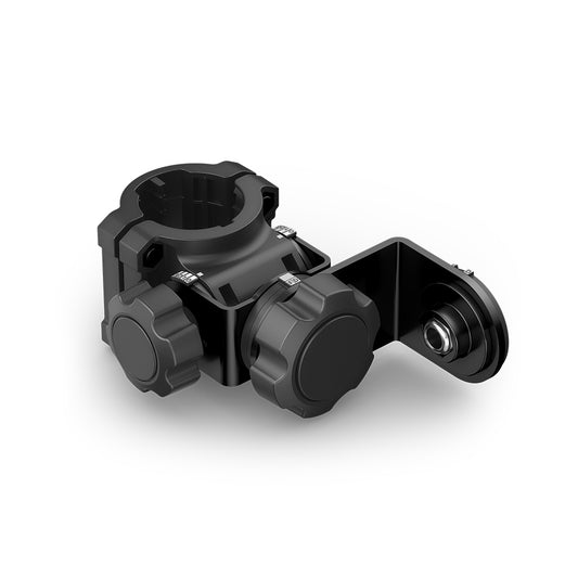 Black adjustable mounting bracket with clamp and knobs for auto audio or accessory installation