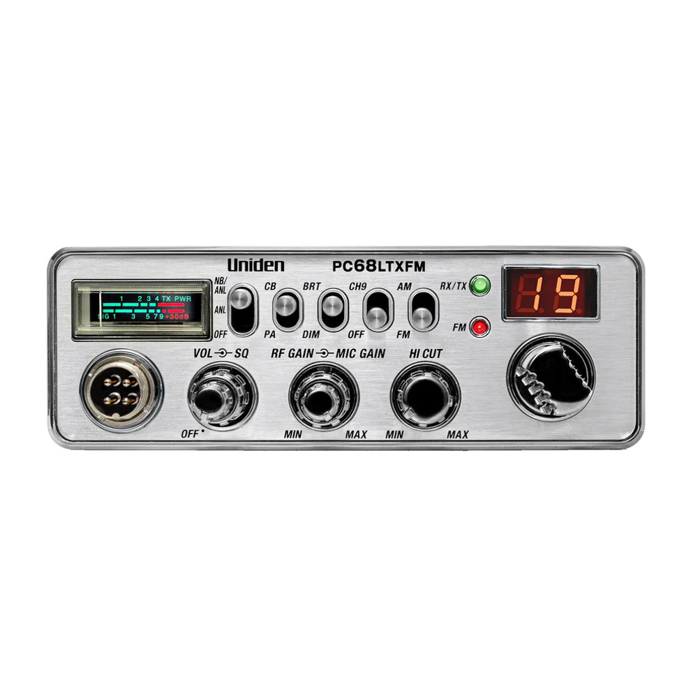 Uniden PC68LTXFM CB radio with digital display, knobs, and audio controls for clear communication