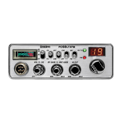 Uniden PC68LTXFM CB radio with digital display, knobs, and audio controls for clear communication