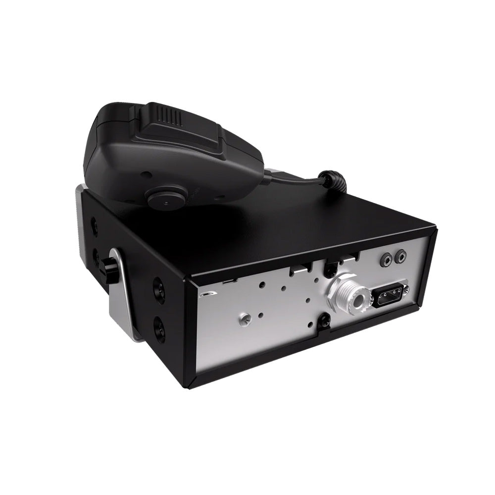 Black CB radio base station with microphone and rear connectors for vehicle or home use