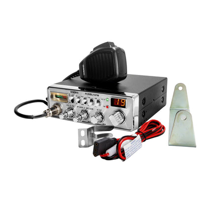 Uniden PC68LTXFM CB radio with mic, wiring, and mounting brackets for vehicle installation