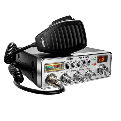 Uniden PC68LTXFM CB radio with microphone, digital display, and control knobs for truck or car use