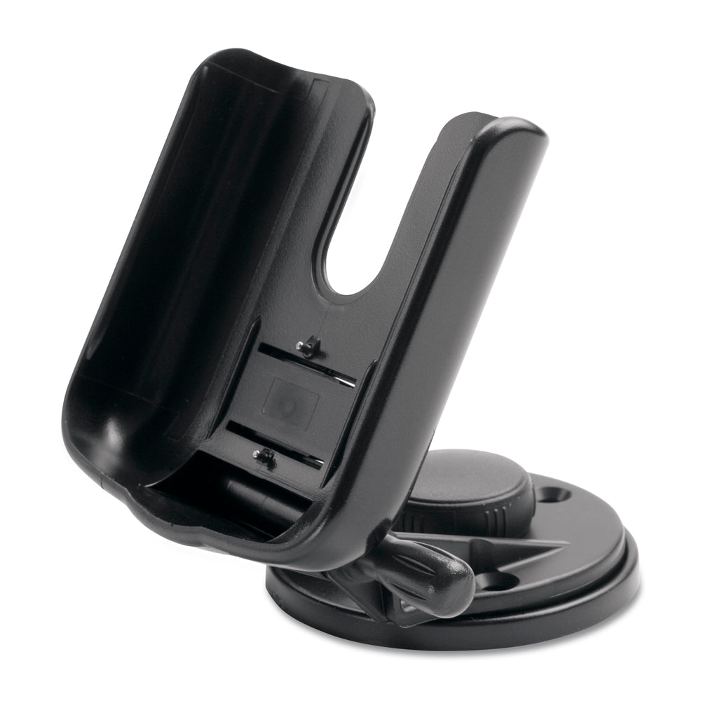 Black car phone mount with suction cup base for dashboard or windshield installation
