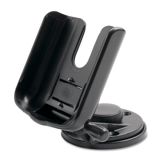 Black car phone mount with suction cup base for dashboard or windshield installation
